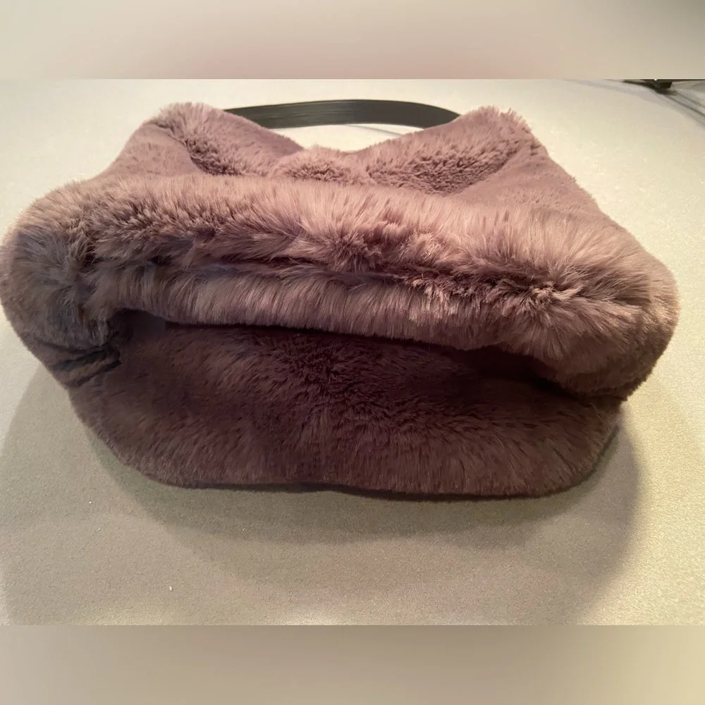 Evelyne Prelonge‎ Faux Fur Shoulder Bag with Pom Pom and Leather Strap Handle